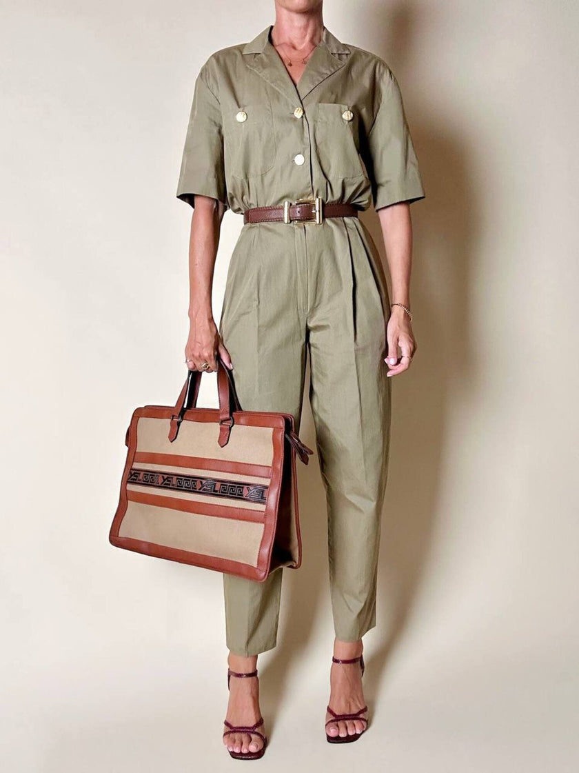 Borsa Yves Saint Laurent in canvas beige con profili color cuoio e motivo greca con logo