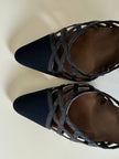 Slingback con dettaglio a rete in tessuto nero opaco e pitone “Beltrami”