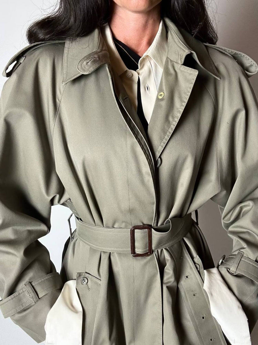 Vintage Aquascutum trench coat in khaki green gabardine with matching belt