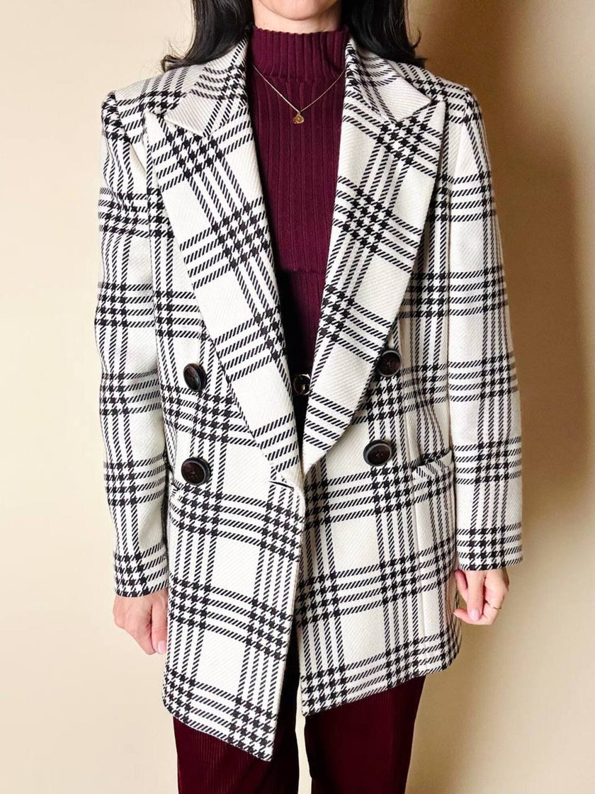 Blazer vintage Gai Mattiolo doppiopetto in lana panna con fantasia principe di Galles testa di moro