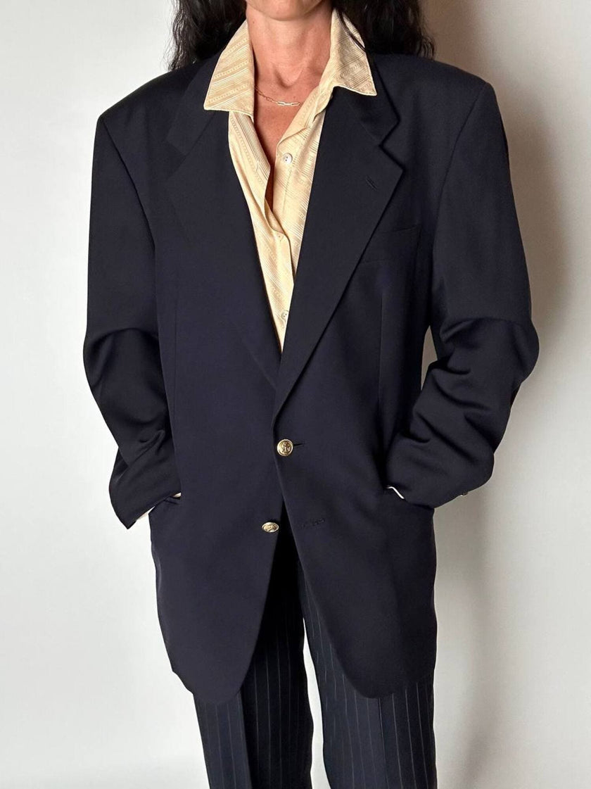 Blazer vintage Enrico Coveri You Young in rasato di lana blu notte con bottoni dorati