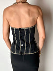 Bustier vintage Yves Saint Laurent en tissu noir agrémenté d'un galon serpentin en lamé doré