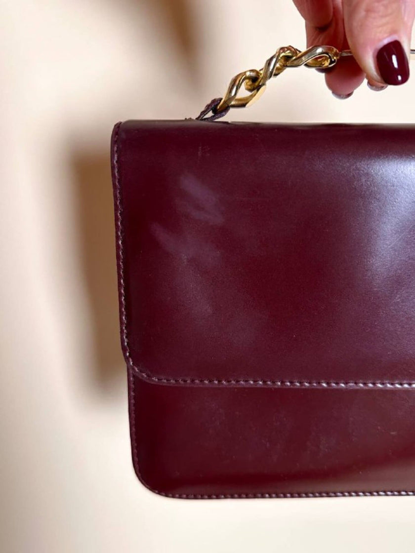 Fendissime handbag in burgundy brushed leather with gold chain jewel handle and detachable shoulder strap