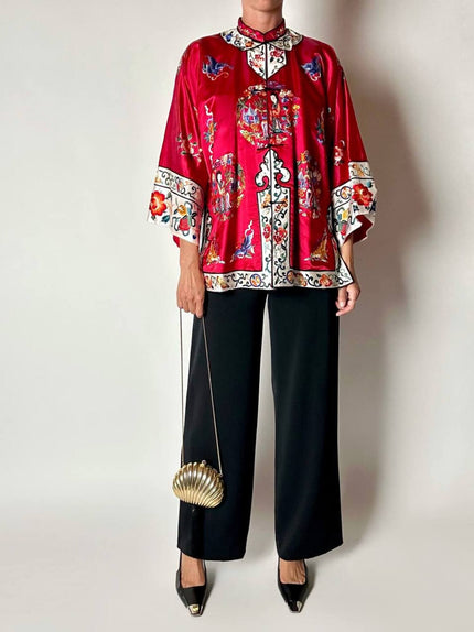 Giacca kimono vintage cinese in raso di seta rossa ricamata a mano