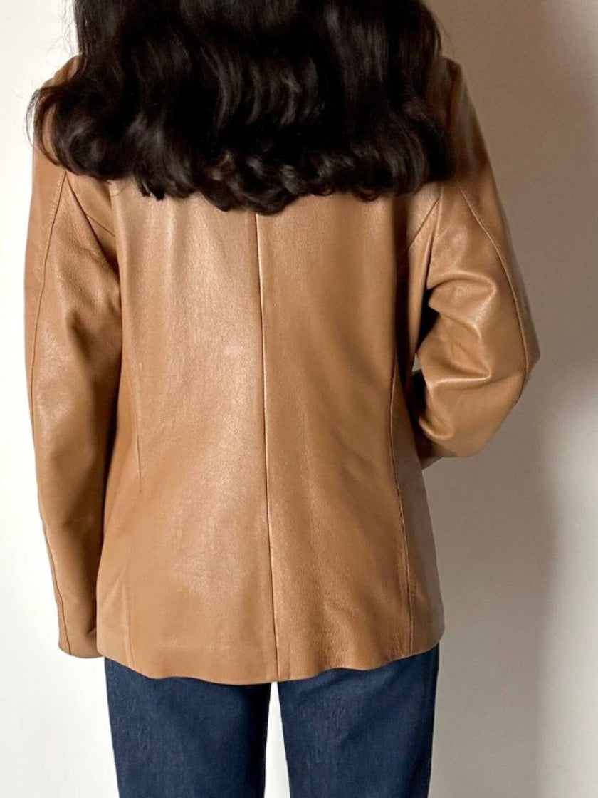 Vintage tan leather jacket with hand-stitched detailing by Claude Collections
