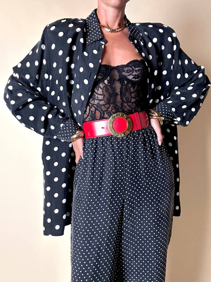 Cintura alta in pelle rossa con fibbia rotonda dorata “Celine”