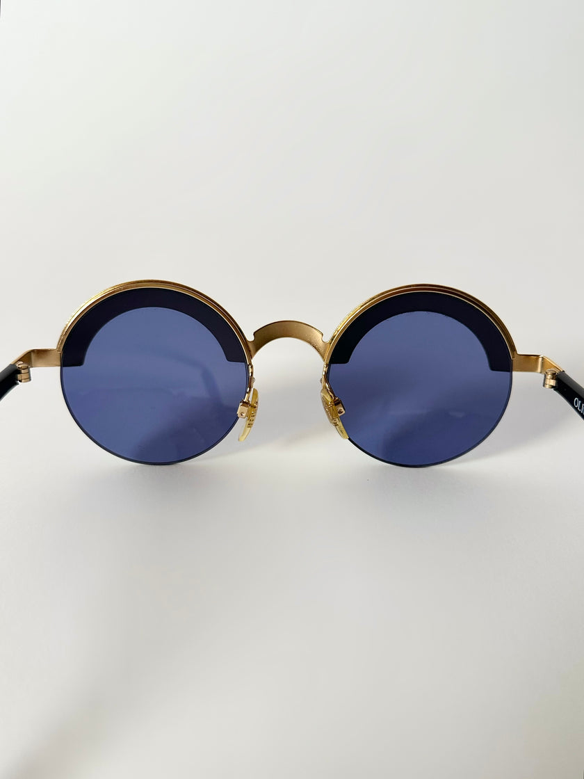 Occhiali da sole vintage Oliver Valentino con montatura gioiello dorata e lenti blu