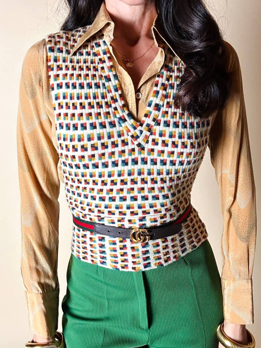Vintage Missoni-Weste aus strukturierter Wolle in Cremeweiß mit buntem Muster