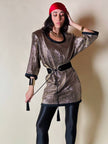 Mini dress oro in tessuto operato con profili neri in raso nero  “Yves Saint Laurent”