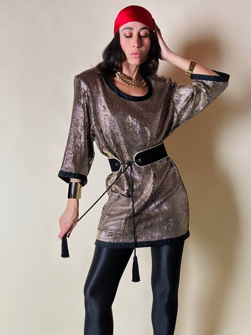 Mini dress oro in tessuto operato con profili neri in raso nero  “Yves Saint Laurent”