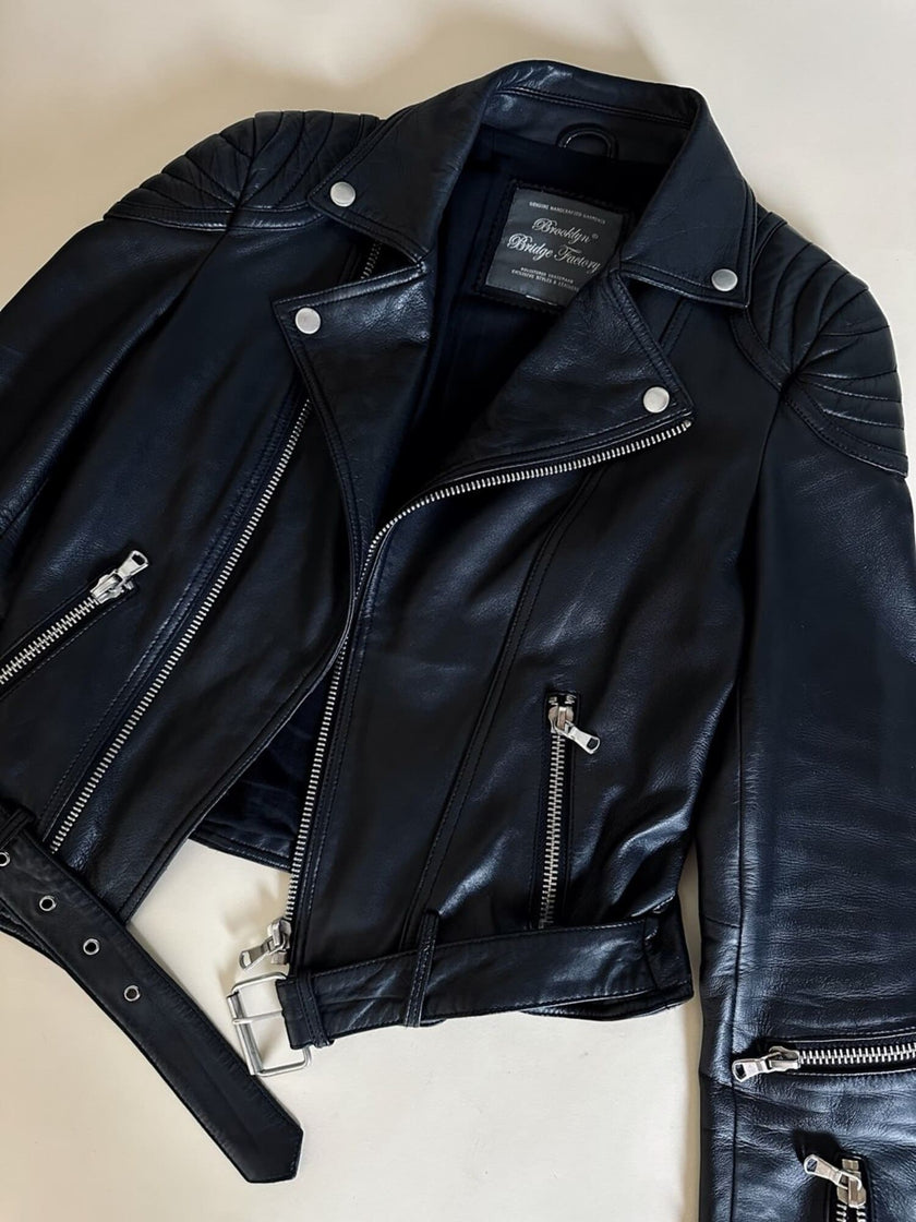 Giacca Biker vintage in pelle nera Brooklyn Bridge Factory