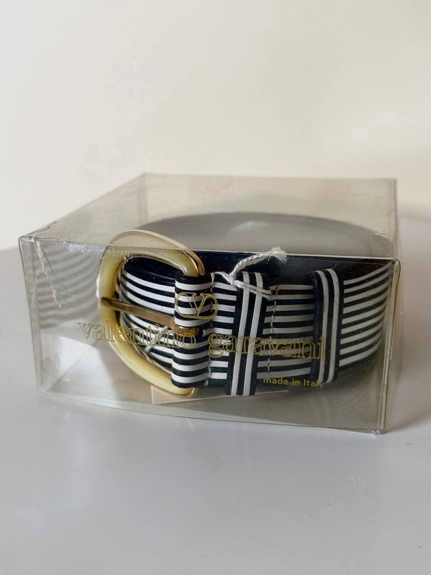 Vintage Valentino Garavani black and white striped belt with metal and resin hardware
