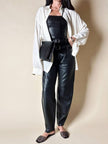 Pantalone vintage in pelle e camoscio nero a vita alta con doppie cinture