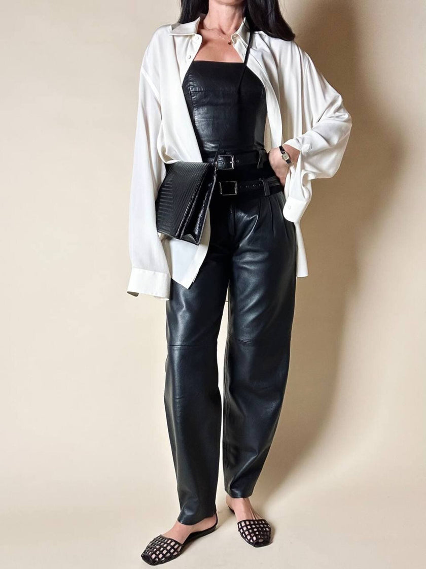 Pantalone vintage in pelle e camoscio nero a vita alta con doppie cinture