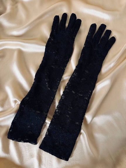 Guanti lunghi in pizzo nero elasticizzato