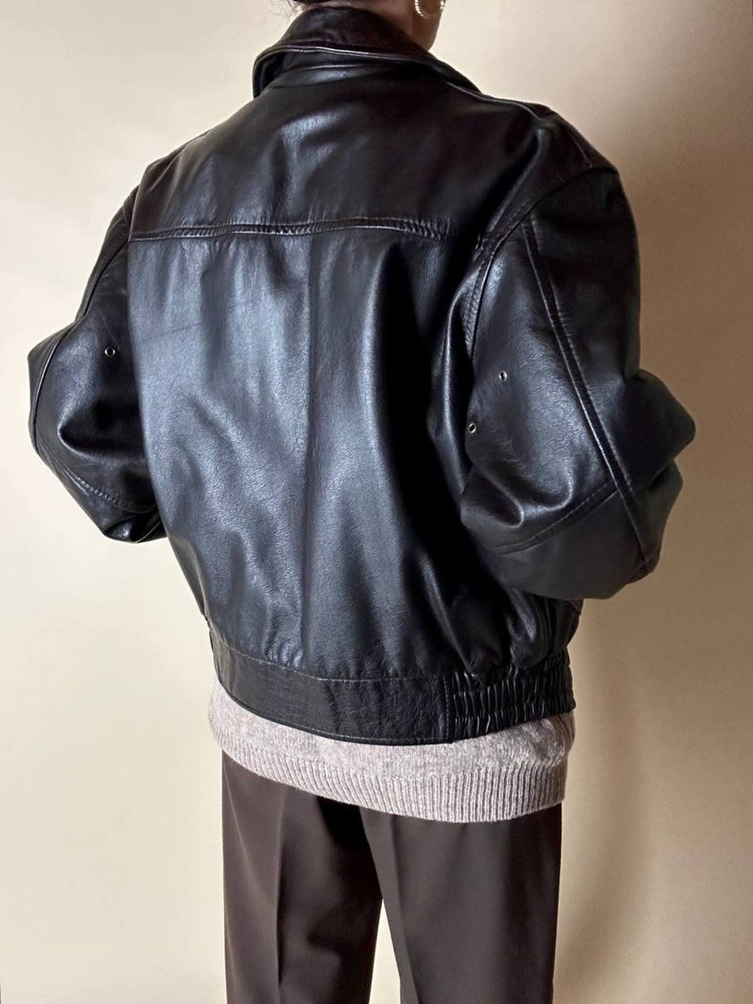 Bomber aviator in pelle testa di moro con fodera gialla matelassé