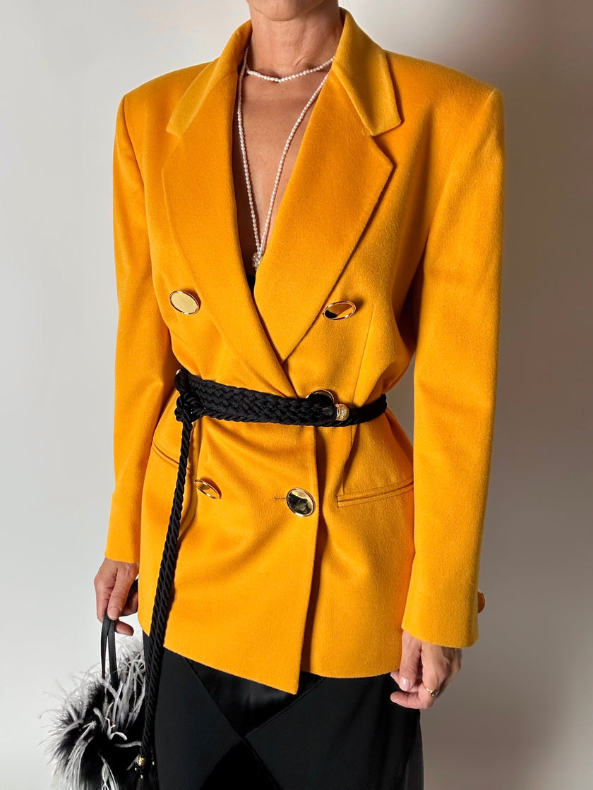 Blazer vintage Genny in cashmere giallo becco d’oca con bottoni gioiello dorati