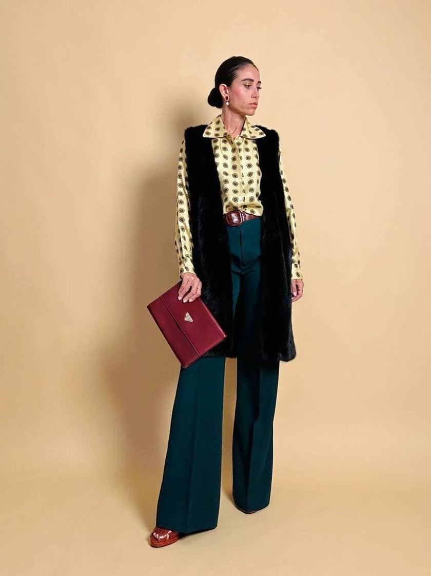 Pantalone a palazzo in gabardine di lana verde bottiglia