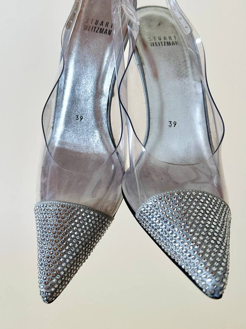 Slingback vintage a punta in plexi e strass argento Stuart Weitzman