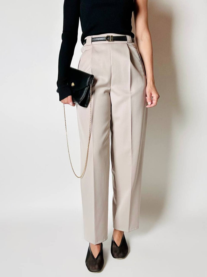 Pantalone vintage in fresco di lana greige con pince e abbottonatura su ambo i lati