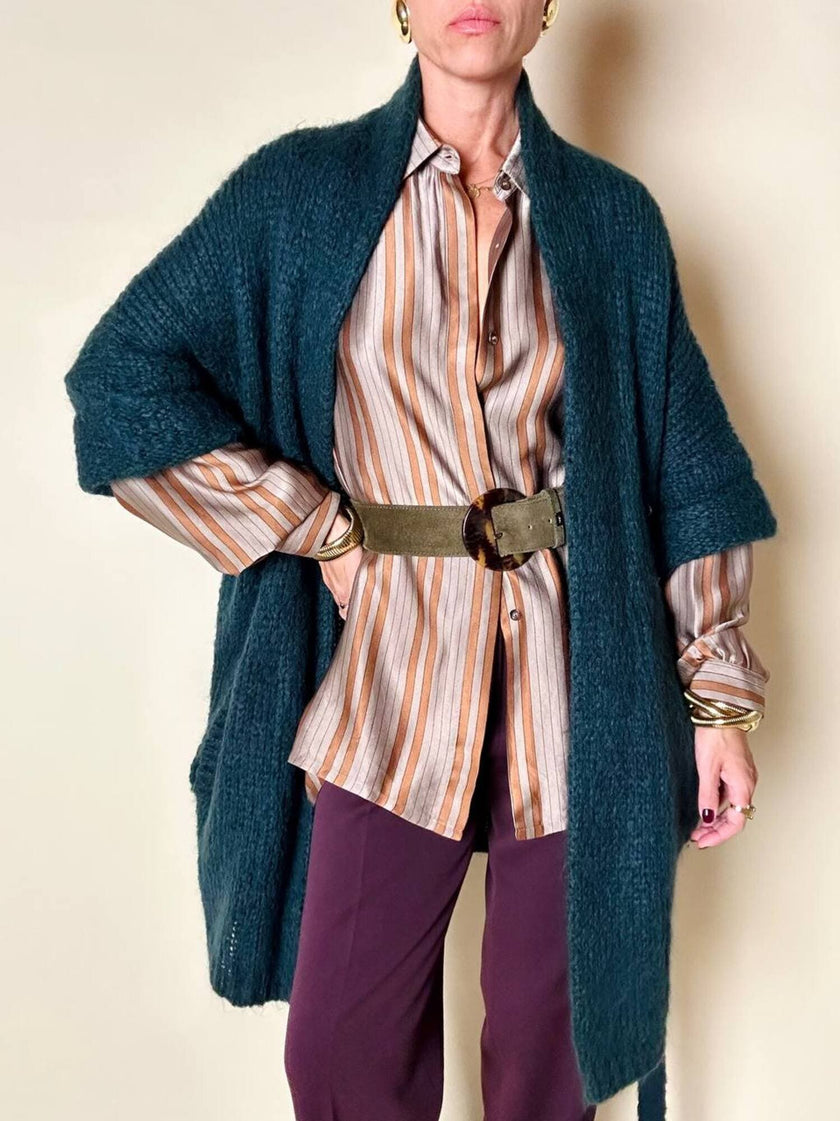 Cardigan Carven in lana verde con manica a tre quarti e cintura in vita