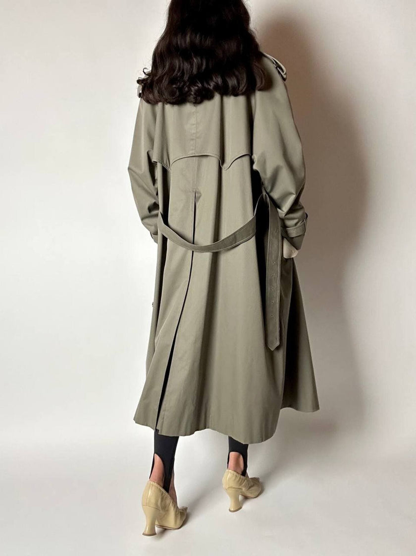 Vintage Aquascutum trench coat in khaki green gabardine with matching belt