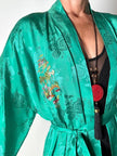 Green rayon jacquard kimono robe with multicolor embroidery