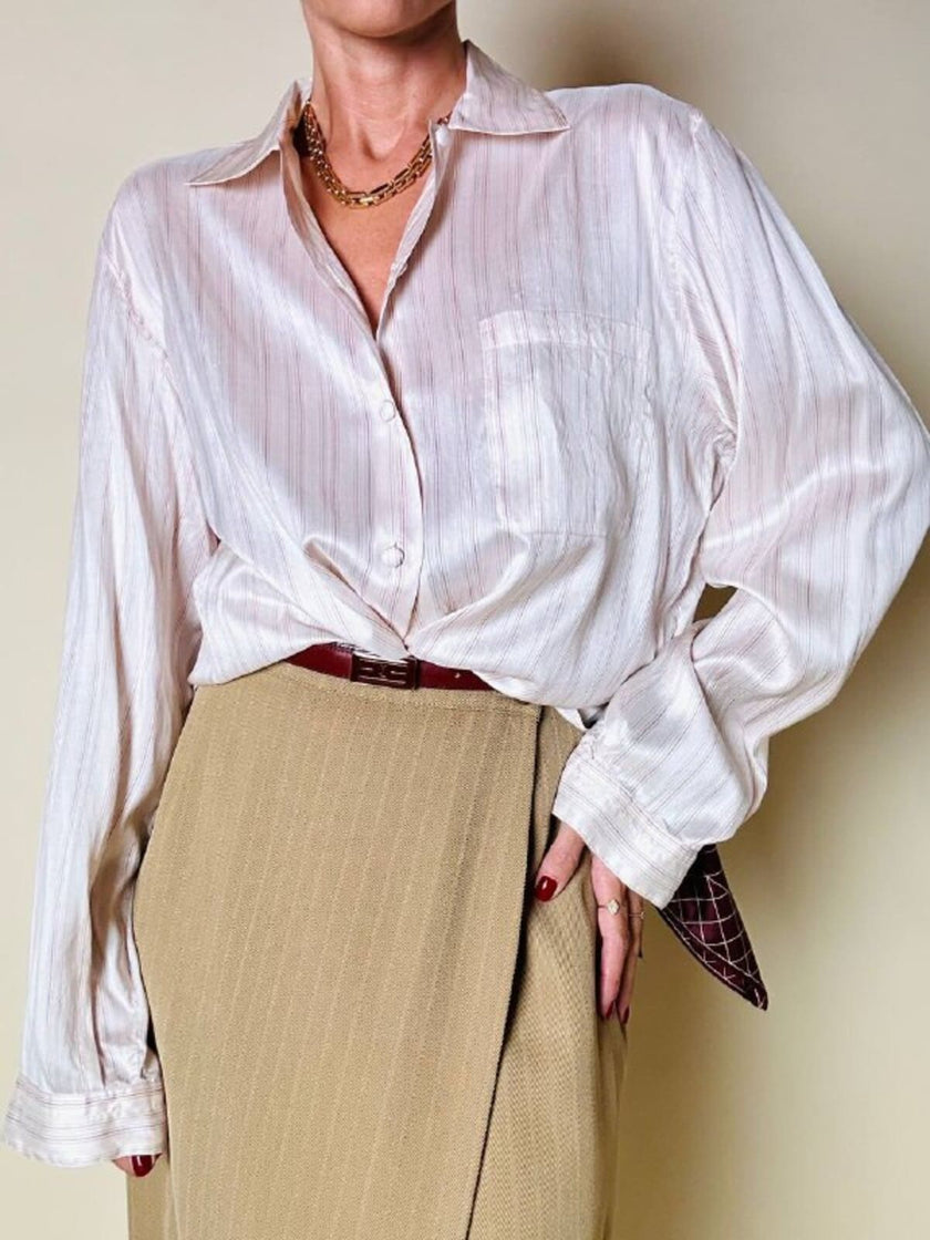 Camicia in seta rosa pallido a micro righe grigie e bordeaux “Calbros”
