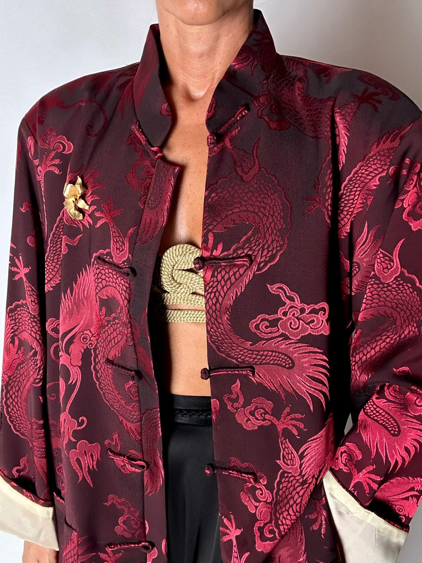 Giacca vintage in tessuto jacquard bordeaux con draghi cinesi e alamari