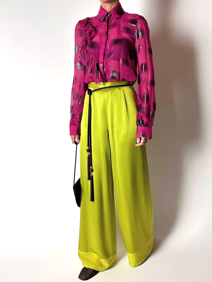 Pantalone vintage Guy Laroche Couture modello a palazzo in raso verde lime