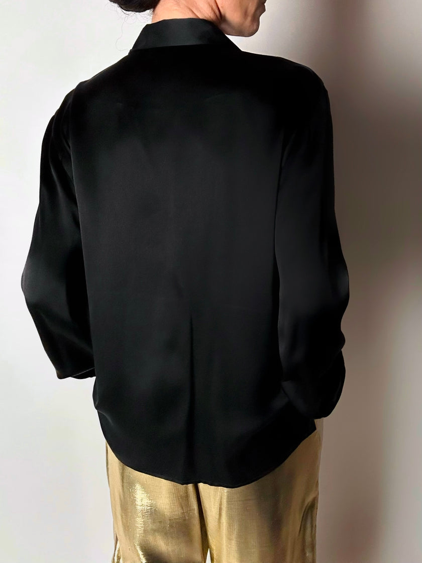 Camicia vintage Padovanelle in raso di seta nero con bottoni gioiello dorati