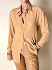 Camicia Yves Saint Laurent in seta jacquard color biscotto con motivo a righe e loghi