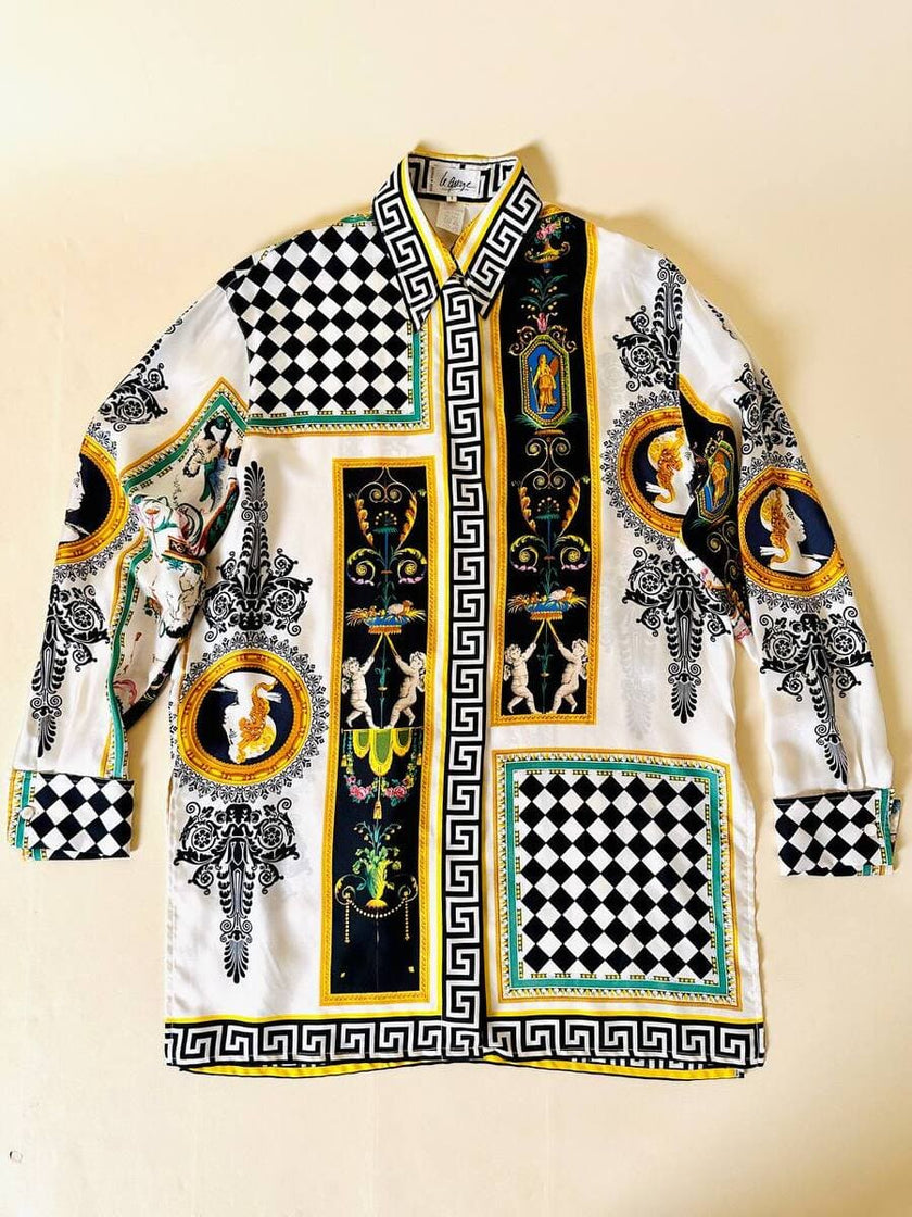 Camicia in drill di seta fantasia grottesca “Garage Paris”