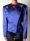 Vintage-Jacke von Yves Saint Laurent aus kobaltblauem Satin mit mehrfarbigen Schmuckknöpfen