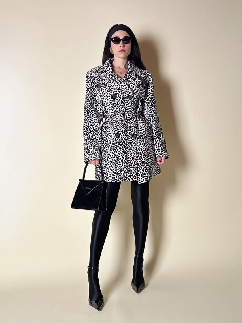 Giaccone vintage Fendissime in ecopelle bianca fantasia leopardo floccata nera