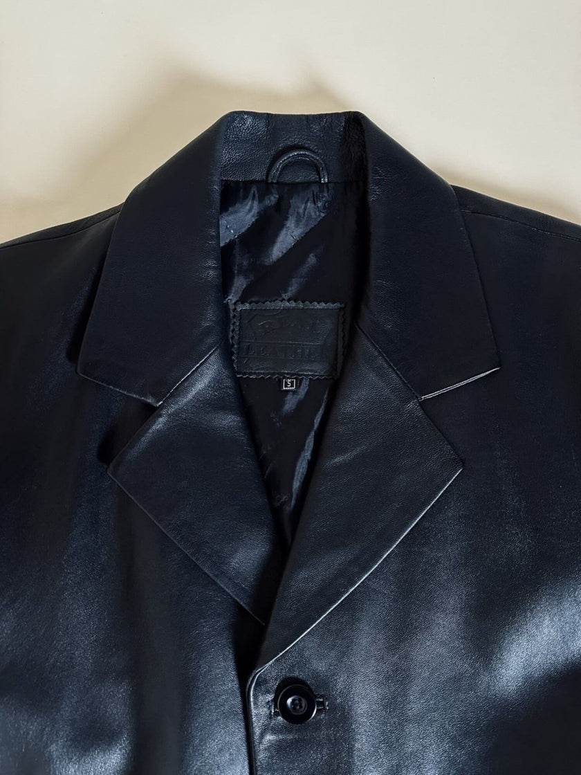 Maxi cappotto vintage in pelle nera Real Leather con fodera matelassé