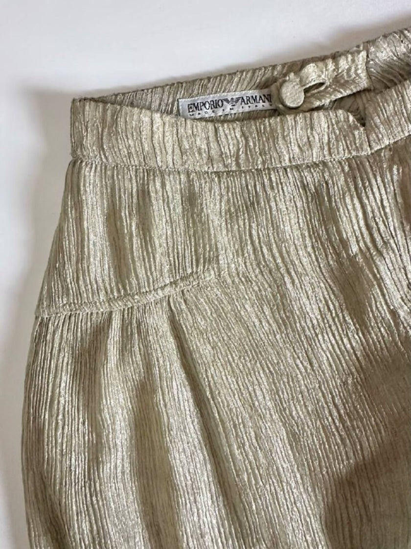 Pantalone a palazzo vintage Emporio Armani in seta goffrata champagne operata con filo metallico
