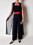 Gilet vintage lungo in rete nera con rever e spacchi laterali New Age