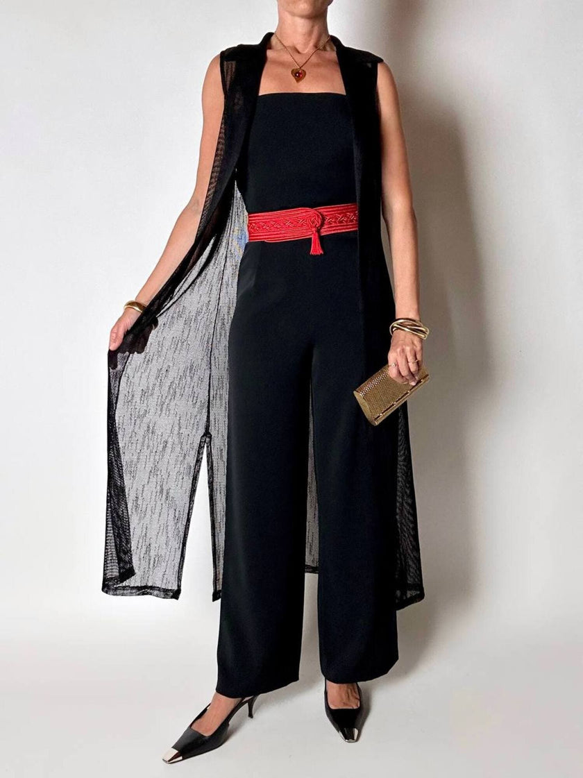 Gilet vintage lungo in rete nera con rever e spacchi laterali New Age