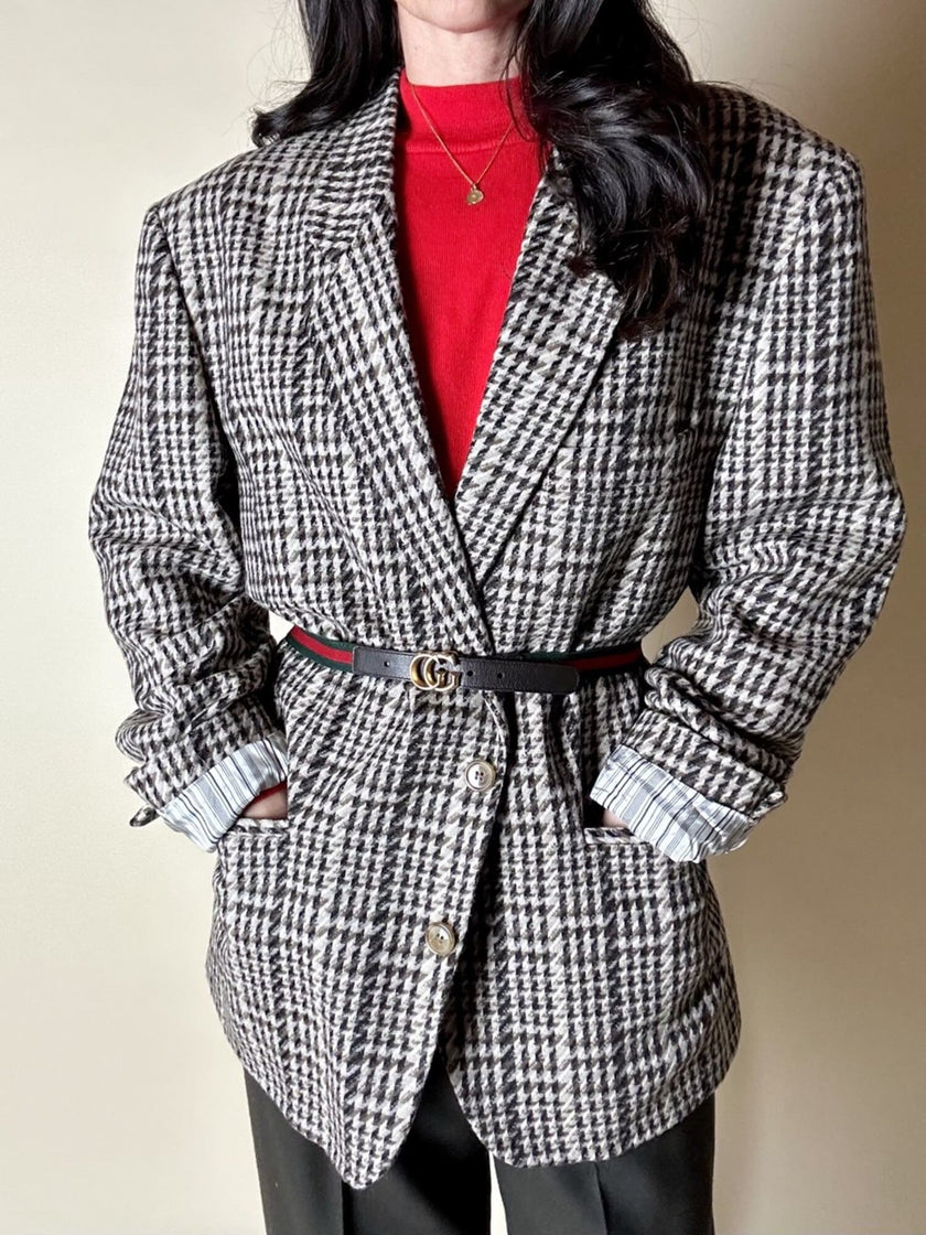 Blazer oversize in lana check beige e marrone con fodera fantasia uccellini