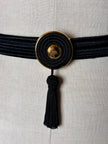 Cintura vintage Nina Ricci Paris in passamaneria elastica nera con fibbia gioiello e nappa couture