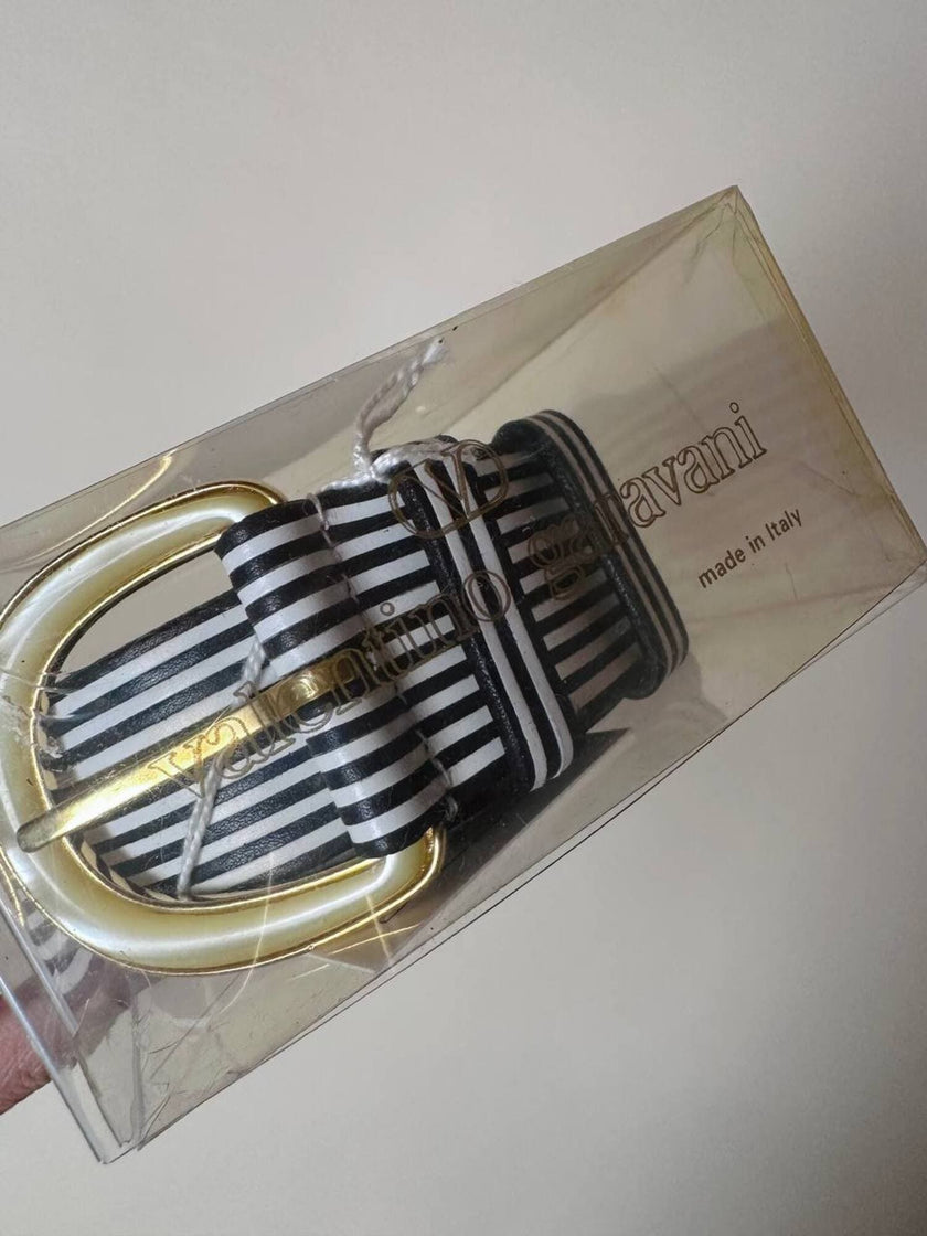 Vintage Valentino Garavani black and white striped belt with metal and resin hardware
