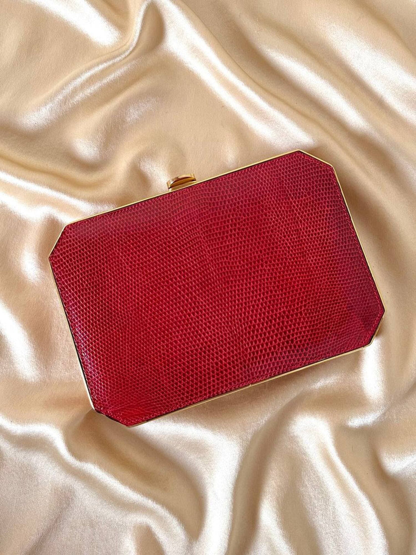 Borsa vintage Sgargi forma ottagonale in lizard rossa con tracolla in catena
