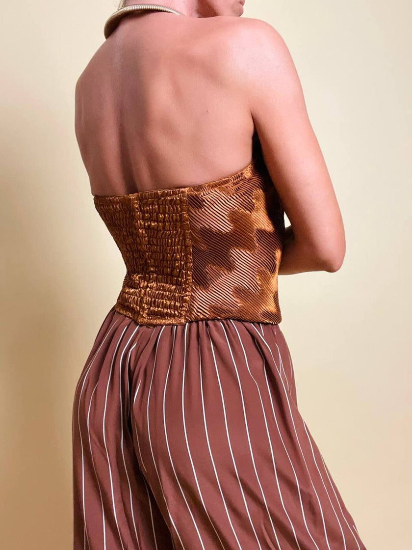 Bustier La Perla con scollo a cuore in tessuto micro plissé color bronzo