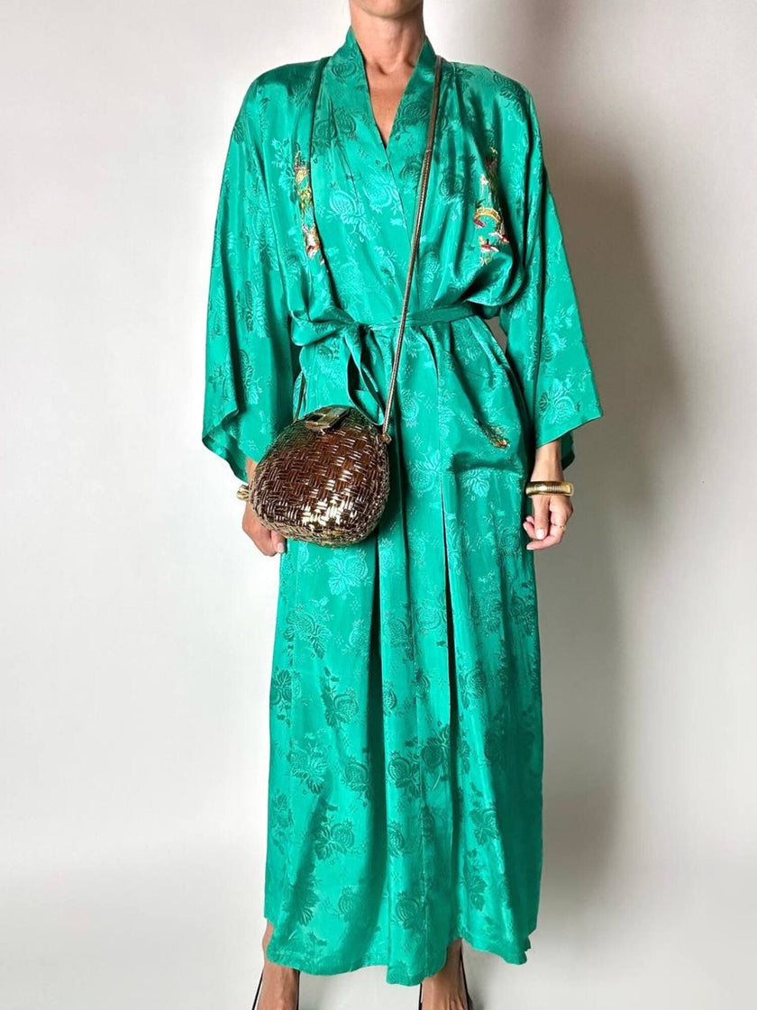 Green rayon jacquard kimono robe with multicolor embroidery
