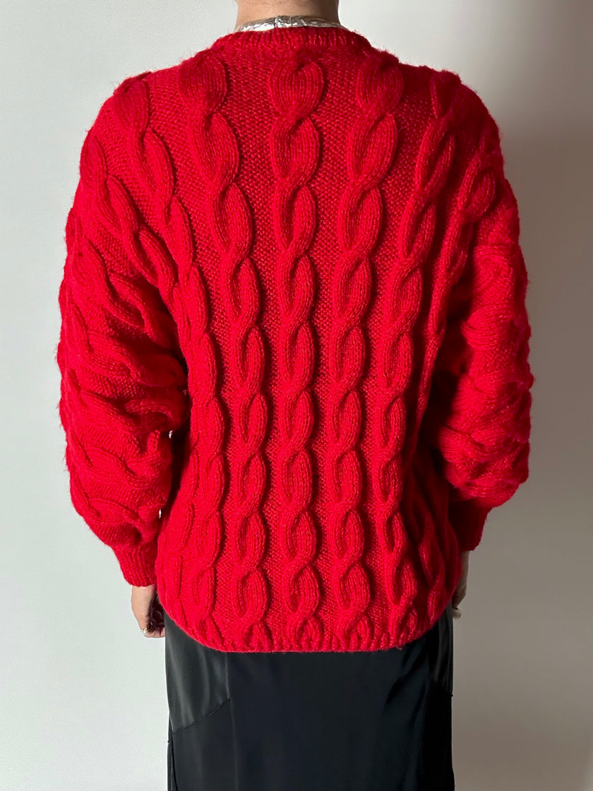 Maglione vintage fatto a mano in lana rossa con maxi trecce a rilievo