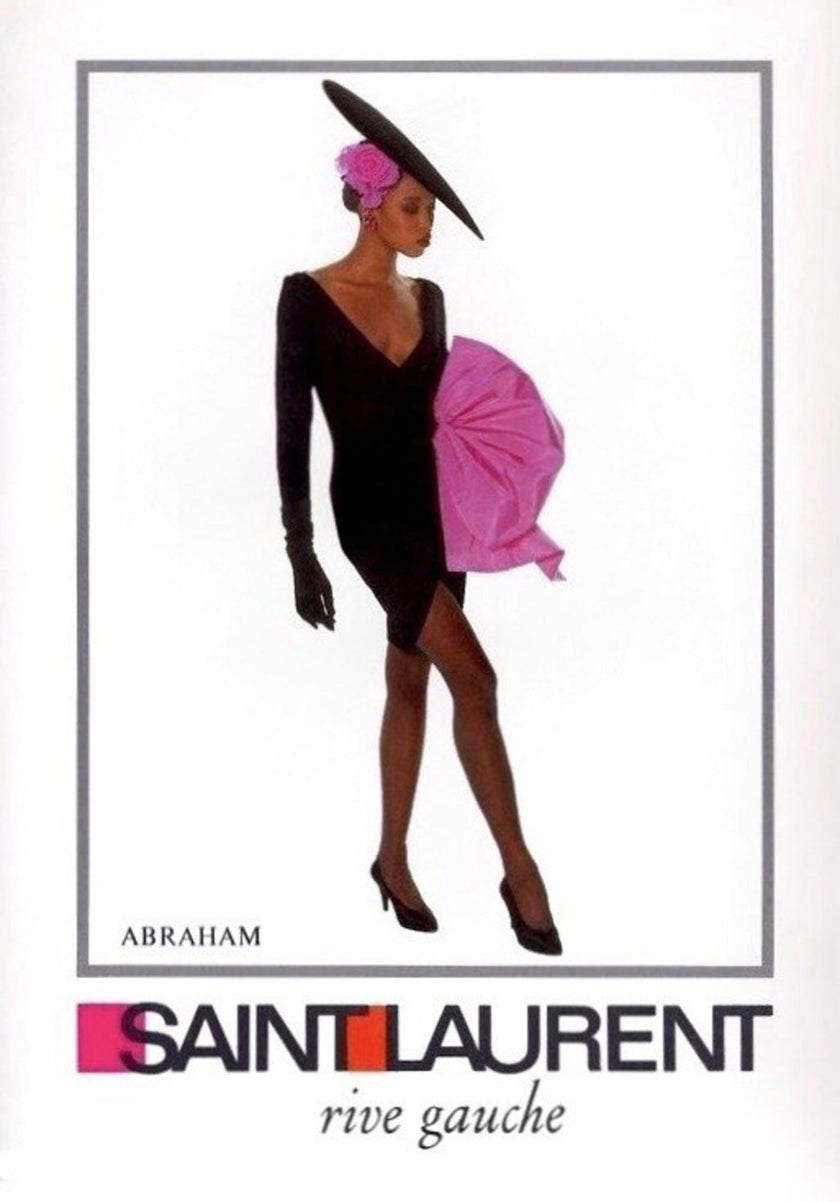 Décolleté vintage Yves Saint Laurent in raso di seta nero con rosa di taffetà fucsia