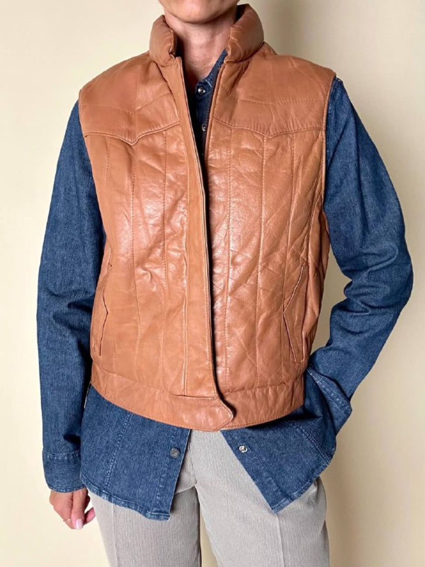 Gilet in pelle Frye color cuoio con impunture verticali