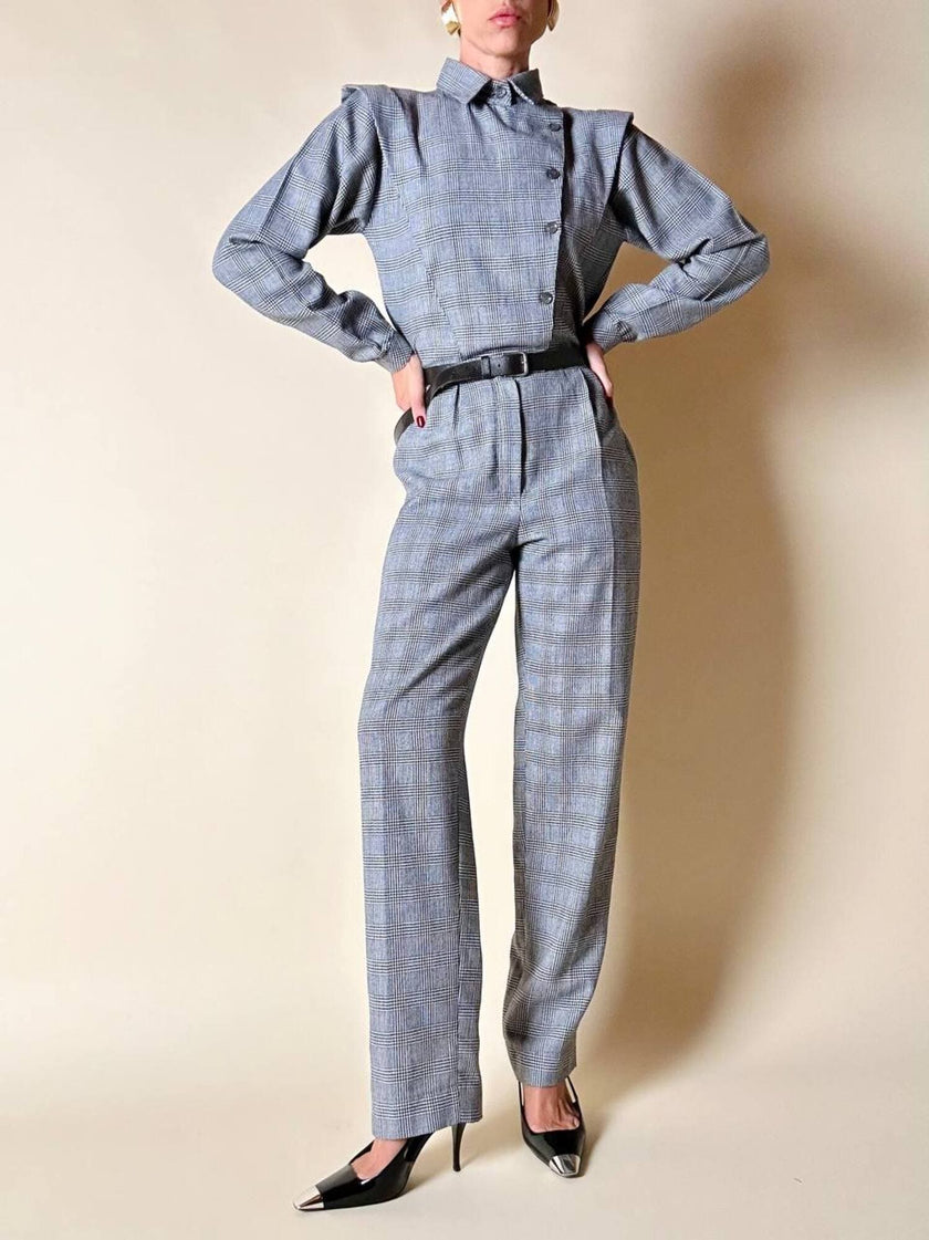 Jumpsuit vintage Sarabang de lana príncipe de Gales con cinturón a juego