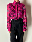 Camicia vintage Emanuel Ungaro in chiffon fucsia e lamé nero con volant plissé